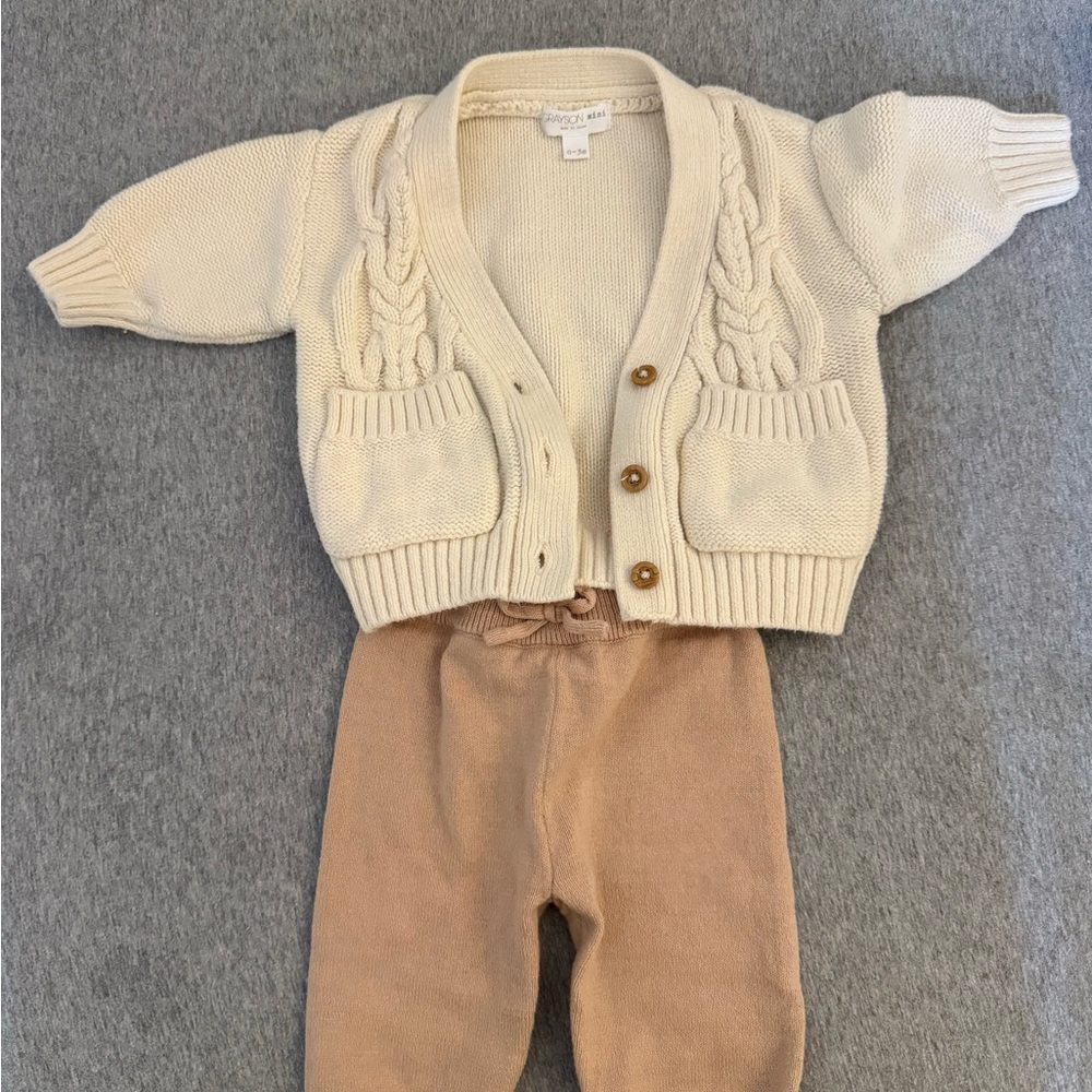 Cream Knit Cardigan and Tan Pants Set